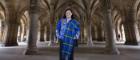 Dr Diana Gabaldon wearing the University of Glasgow tartan in the Cloisters at the University of Glasgow.  Photo credit Martin Shields