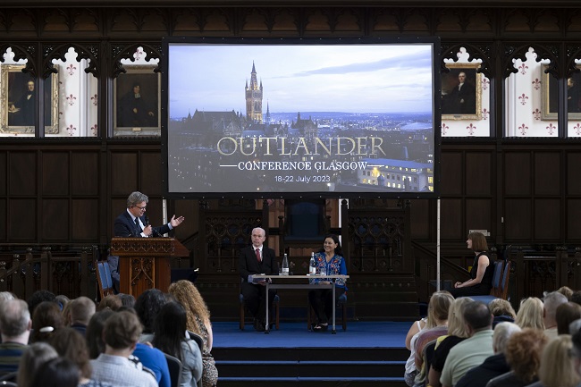 Professor Sir Anton Muscatelli gives the welcome address at the Outlander Conference 2023. Credit Martin Shields 