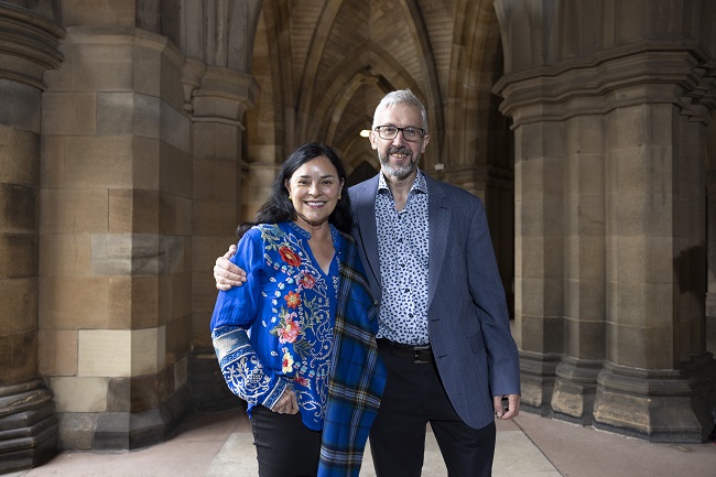 Diana Gabaldon and Professor Willy Maley photographed in the Cloisters at the University of Glasgow. Credit Martin Shields