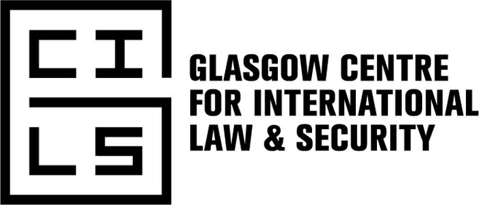 Black and white logo for Glasgow Centre for International Law and Security