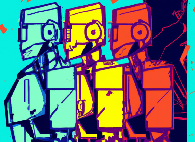 animation of three robots in green yellow and red