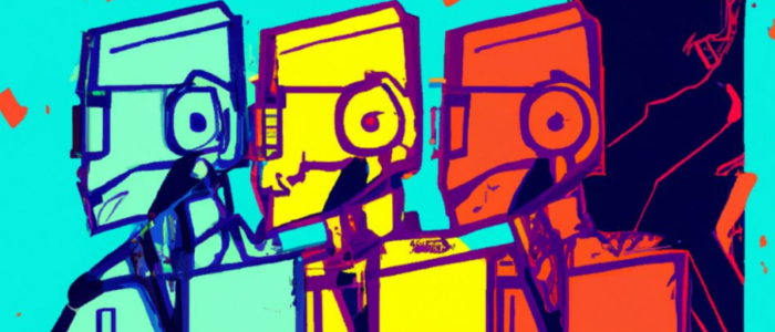 animation of three robots in green yellow and red