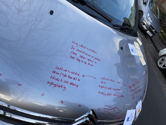 A photograph showing a car bonnet covered in handwriting which outlines suggestions for how eHMIs may help autonomous vehicles communicate with cyclists