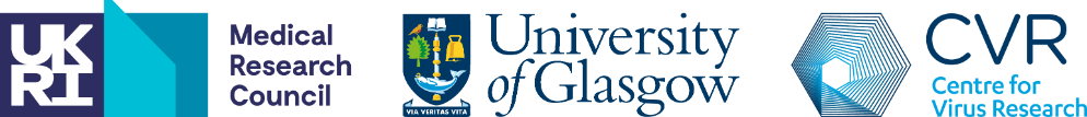 MRC UKRI logo, University of Glasgow Logo and CVR logo lock up. 