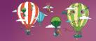 Cartoon image of 4 large hot air balloons. 