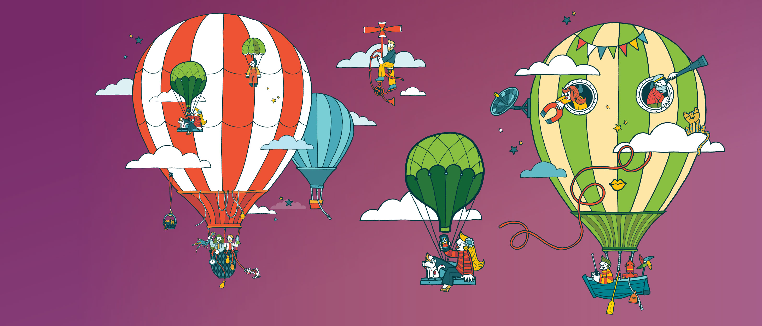 Cartoon image of 4 large hot air balloons. 