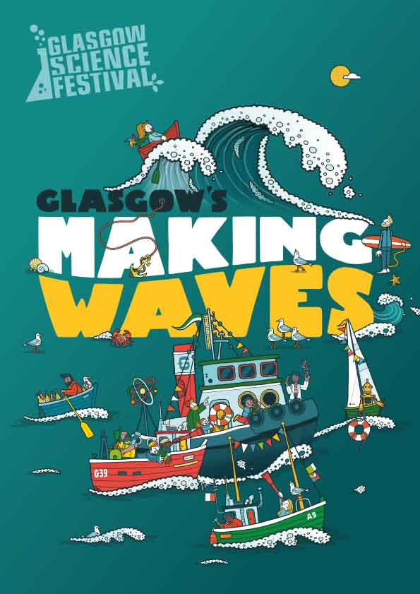 Glasgow Science Festival Glasgow's Making Waves image with cartoon boats and people rowing 
