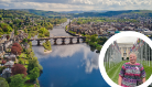 Image of Michelle overlaid on a background featuring an aerial photograph of a Scottish river and town.