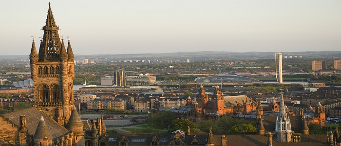 University Building in the forefront, city of Glasgow skyline behind