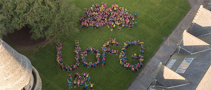 Students in formation in quad