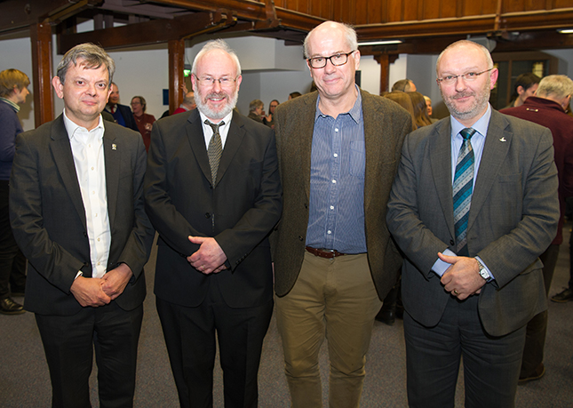Left to right: Professor Sir Anton Muscatelli, the Principal and Vice-Chancellor; Professor Dauvit Broun, Professor of Scottish History and Director of ArtsLab; Professor Nigel Leask, a Fellows of the British Academy and Regius Chair of English Language and Literature; and Professor Roibeard Ó Maolalaigh, Vice-Principal and Head of the College of Arts.