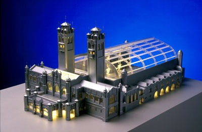 Railway Terminus (1892), Charles Rennie Mackintosh. RIBA Soane Medallion Competition Entry. Laser cut clear acrylic, CNC-routered white acrylic, styrene, etched brass detailing and fibre-optic lighting. Ozturk Modelmakers (2001).