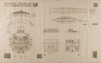 Charles Rennie Mackintosh, Design for 1901 Glasgow International Exhibition Buildings Competition: sections and plans for a concert hall, bar, dining room and bridge, 1898. 