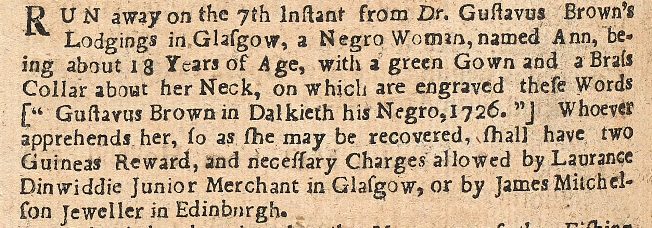 Launch of Runaway Slaves Database - Runaway Slave Advertisement Ann. © Special Collections/ The Mitchell Library/Museums and Collections/Glasgow Life