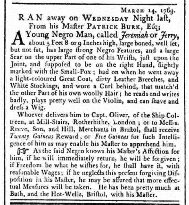 Launch of Runaway Slaves in Britain database - Jeremiah Advertisement © The British Library Board and British Newspaper Archives (www.britishnewspaperarchive.co.uk