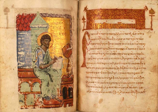 Double page spread of the opening of Saint Luke's Gospel with portait of Luke on the left and beginning of text preceded by an illuminated ornamental headpiece on the right