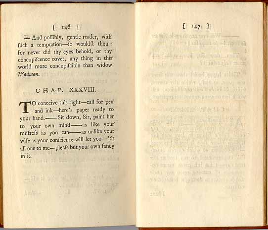 Tristram Shandy: pages 146 and 147 of vol. 6 with a blank page where the reader is encouraged to draw own picture