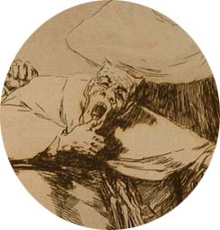 Detail from capricho 80 showing a goblin (or is it a friar?) yawning.