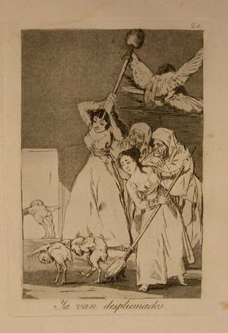 Capricho 20: "Ya van desplumados" (There they go, plucked) Chickens bearing human heads are chased away by prostitutes having been plucked. 