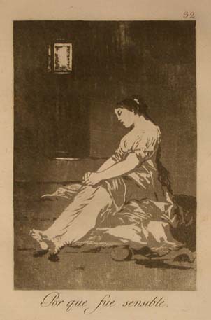 Capricho 32: "Por que fue sensible" (Because she was susceptible) A beautiful young girl sits sorrowfully in the darkness of a prison cell.