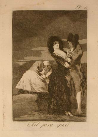 Capricho 5: "Tal para qual" (Two of a kind)  A wealthy gentleman and prostitute flirt in the foreground while two old crones look on from the background.