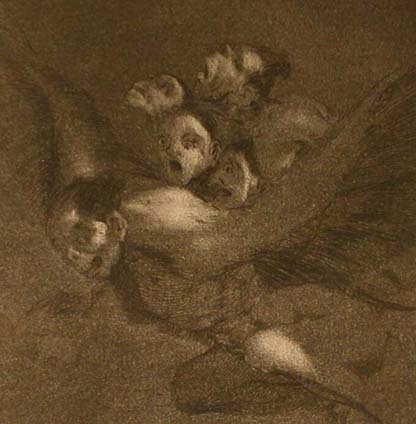 Detail from Capricho 64: "Buen Viagge" (Bon voyage)  Frightening winged monsters fly through the night sky.