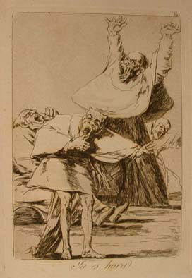Capricho 80: "Ya es hora" (Time to be off) A group of figures stretch and yawn.  Their ambiguous dress and features make it difficult to tell whether they are clerics or goblins: a parallel Goya obviously wanted to draw.