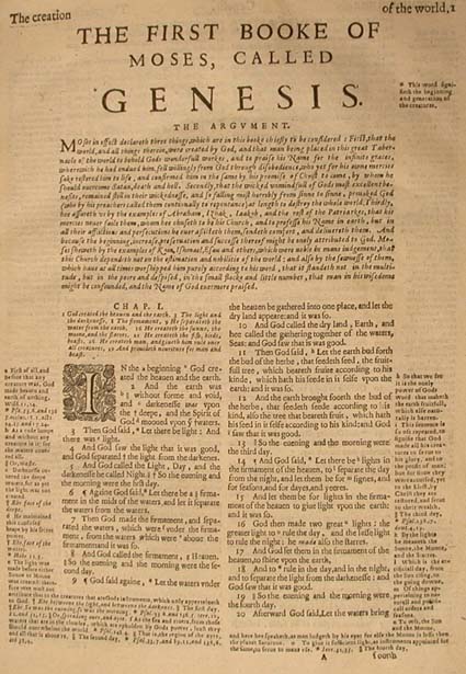 Opening of the Book of Genesis showing the use of marginal notes, numbered verses and an 'argument' at the start of the book and chapter.