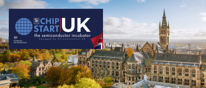 Composite of ChipStart UK poster against a view of Gilbert Scott Building at University of Glasgow